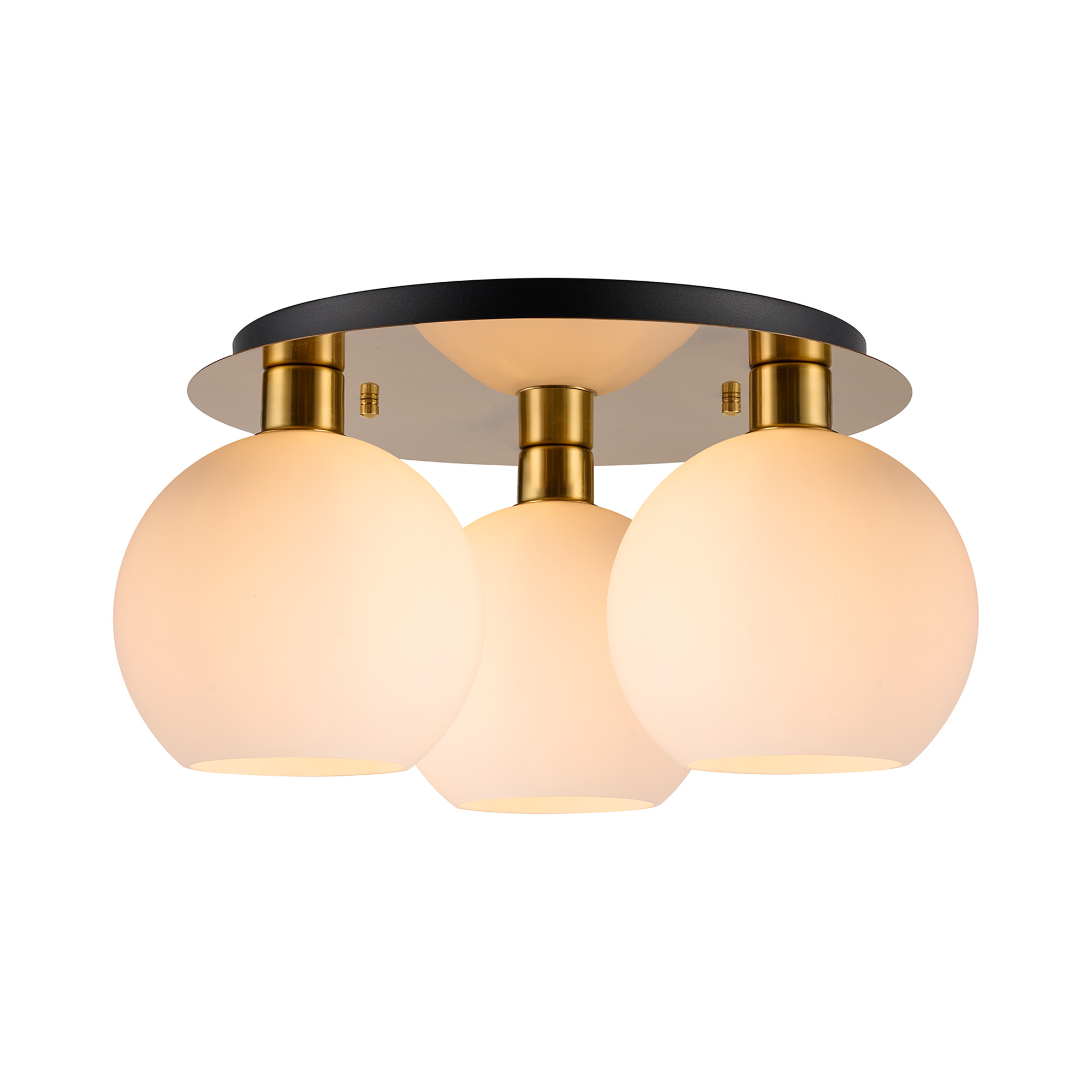 DK1250  Lori 40cm Round Ceiling Flush, 3 Light Flush Fitting, Antique Gold/Opal Open Mouth Round Globe Shades